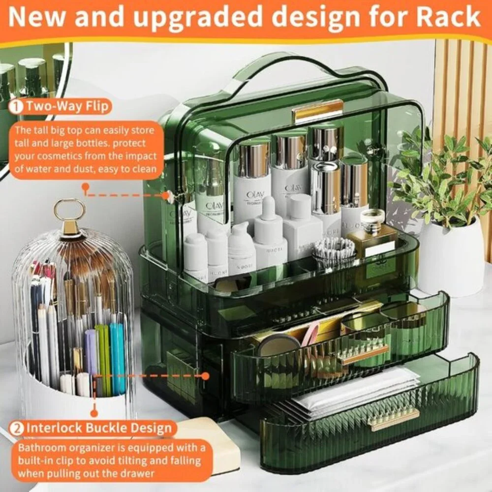 New 2-Layer Makeup & Skincare Organizer, Green Waterproof Vanity Storage Case